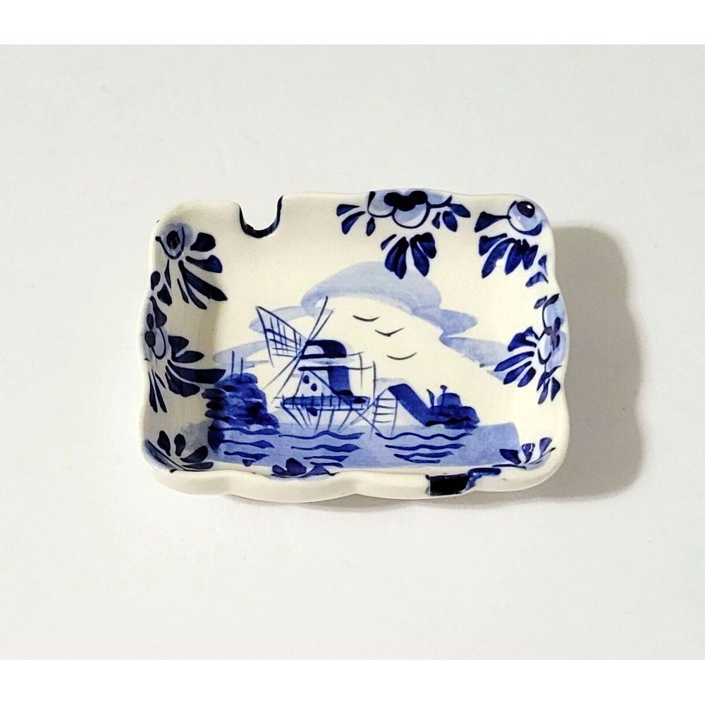 Vintage Delfts Blue Holland Mini Hand Painted Windmill Ashtray/Trinket Dish